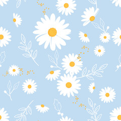 Seamless pattern with daisy flower, hand drawn branches and pollen on blue background vector illustration.