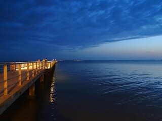 Europe, France, Nouvelle-Aquitaine region, Gironde department, Bassin d'Arcachon, Cities of Andernos, Pier Louis David in the evening 