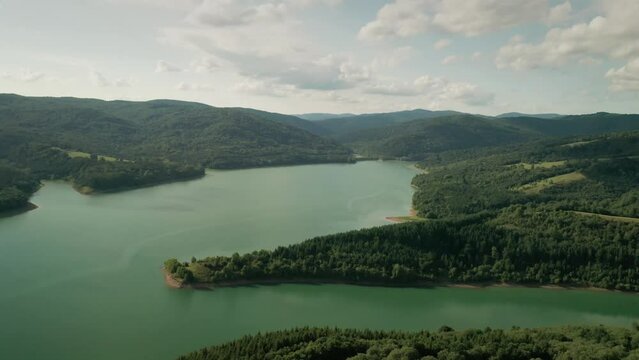 Aerial bird&rsquo;s-eye view of the water dam Starina in eastern Slovakia. Snina region. National Park Poloniny.