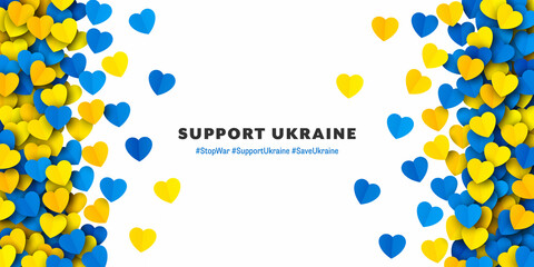 Support Ukraine Vector Yellow Blue Paper Hearts Frame Isolated On White Background. Pray And Stay Solidarity With Ukraine Vector Wallpaper. Ukrainian National Flag Colours Abstract Artwork