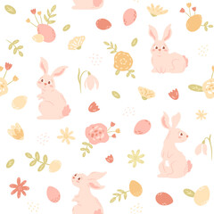 Easter illustration with bunny, eggs, flowers and foliage. Cute baby animal. Cartoon rabbit, snowdrop, spring elements. Vector seamless pattern for holiday package, decor, textile.