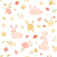 Easter illustration with cute bunny, eggs, flowers and foliage. Cartoon baby animal. Rabbit, snowdrop, spring floral elements. Vector seamless pattern for holiday package, textile.