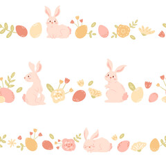 Easter bunny with eggs and flowers in a row. Seamless pattern with borders, cute rabbit, floral compositions. Vector illustration.