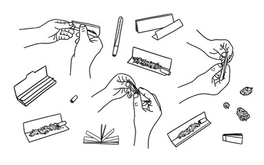 Vector set with hands rolling weed joint, rolling paper, filters and buds of marijuana 