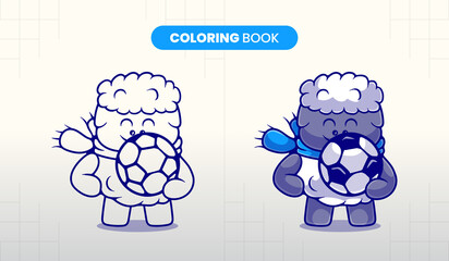 hand drawn cute sheep playing football illustration coloring book for children to fill in