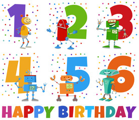 Fototapeta na wymiar birthday greeting cards set with cartoon robot characters