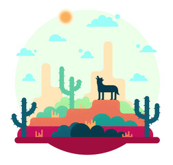 Desert, wolf, cactus - Vector cartoon Illustration in flat stile. Game design style