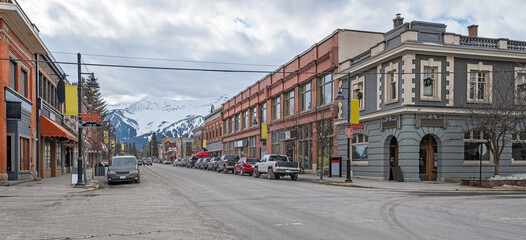 Street view of the main downtown shopping district in Fernie, British Columbia, Canada
