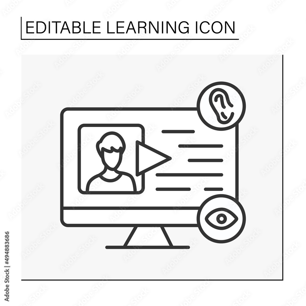 Poster content line icon. online tutor. remote education. students homework on computer screen.learning con
