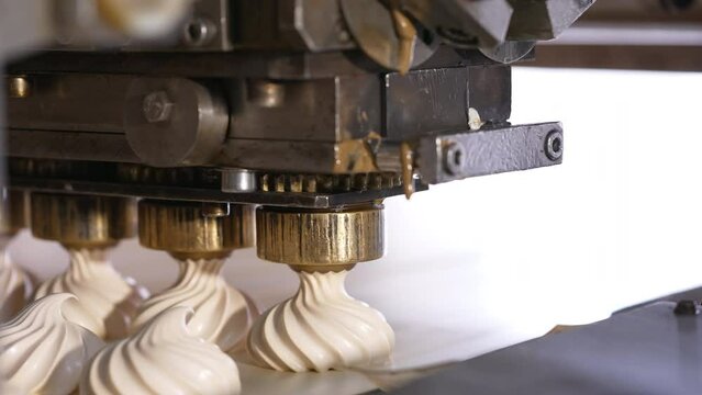 Vanilla marshmallows are squeezed on the conveyor belt. Automated line for zephyr manufacturing at food factory. Close up.