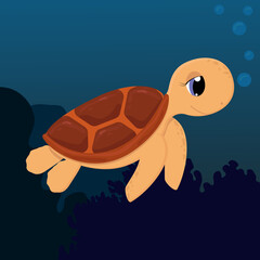 Cute turtle swims underwater in the ocean
