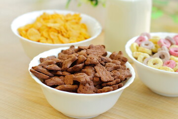 Bowls with different sorts of breakfast cereal products, white bowls with morning meal