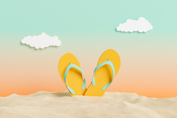 flip flops on beach sand with sunset studio background