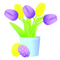 Bouquet of purple and yellow tulips and Easter eggs at the bottom