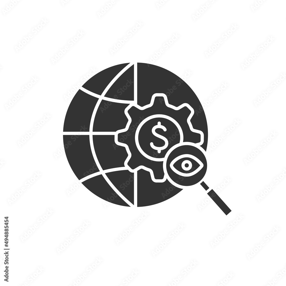 Poster global searching glyph icon. digital strategy. increase visibility of websites in search engine resu