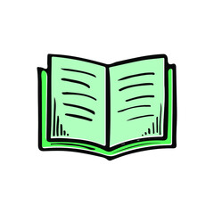 Open book vector sketch icon. Book pages hand drawn graphic illustration.