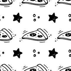 Hand drawn pizza seamless pattern. Fast food pattern. Vector Fast food illustration in doodle style. Vector illustration. Sketch of slice of pizza and star.