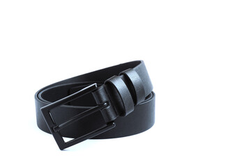 Curved black leather belt on a white background.