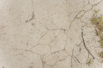 background of a dry clay country road with clearly expressed cracks, twigs and grass