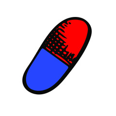 Medical capsule vector sketch icon. Red and blue pill hand drawn symbol. 
