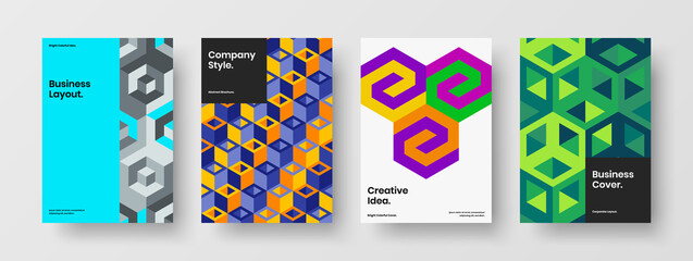 Creative magazine cover A4 design vector template bundle. Vivid mosaic hexagons pamphlet concept set.
