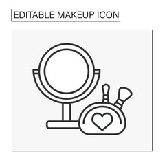  Beauty procedure line icon. Table mirror with illumination and makeup kit. Makeup concept. Isolated vector illustration. Editable stroke