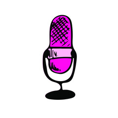 Mike sketch vector illustration. Hand drawn microphone, audio equipment symbol. Studio voice record element. Podcast interview icon.