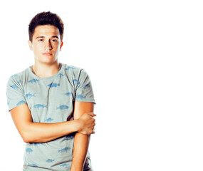 young attractive man isolated thinking emotional on white closeup gesturing smiling, lifestyle people concept