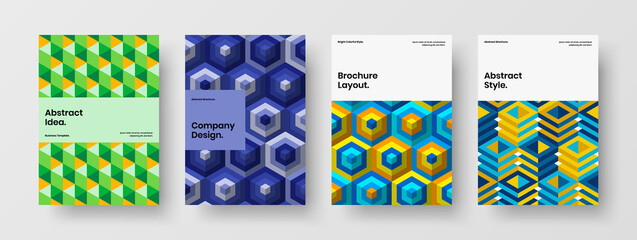 Minimalistic handbill A4 vector design concept set. Vivid geometric shapes postcard layout collection.