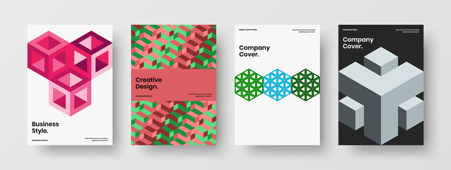 Minimalistic corporate identity A4 design vector concept set. Vivid mosaic shapes journal cover layout bundle.