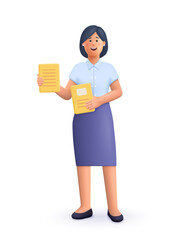 Smiling business woman holding paper documents. Office worker, business woman, secretary concept. 3d vector people character illustration. Cartoon minimal style. - obrazy, fototapety, plakaty