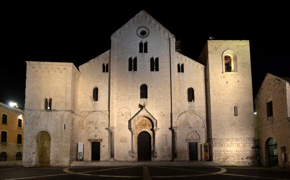 View Of Basilica Di San Nicola In Bari, Italy At Night With Lights All Over