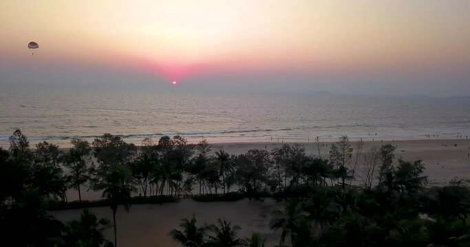 A drone shot of a beautiful Utorda beach in South Goa, India.