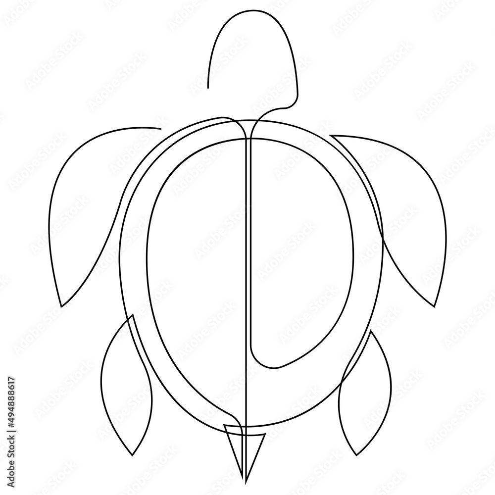 Poster minimal drawing of sea turtle animal drawn by single continuous line. view from above. vector design
