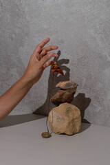 Rock stack balance with studio concrete backdrop with flower and hand