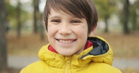 Portrait of cute boy smiling in a hoodie at park