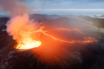 Scenic view of lava in the Fagradalsfjall volcano in Iceland on cloudy sky background
