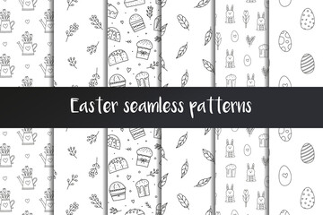 Set of Easter black and white seamless patterns.