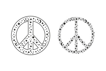 Peace sign with stars and planets.