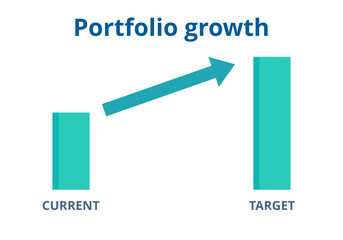 Portfolio growth vector. A company targets to increase assets in its investment portfolio. Finance and business concept. Flat illustration on white background.