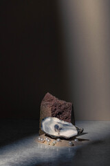 Underwater still life abstract studio photo with rock, sand, pearls, oyster shell,  and shadow...