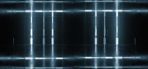Sci Fi Neon Glowing Lines Cyber Blue Laser Lights Behind Frosted Glass Panels In Dark Grunge Cement Concrete Underground Tunnel Corridor Studio Hangar 3D Rendering