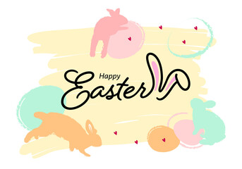 Happy easter banner. Easter design with typography, eggs and bunny in pastel colors. Vector illustration for poster, greeting card, website