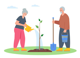 A couple of elderly gardeners plant a tree in garden. Old woman with watering can and man with shovel. Gardening, planting, growing concept. Flat or cartoon vector illustration.
