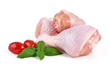 Raw chicken drumsticks, isolated on white background.