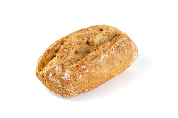 Freshly baked crispy bread rolls, close-up, isolated on white background.