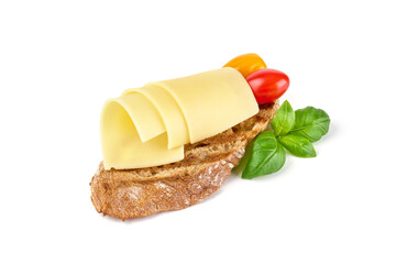 Bruschetta with gouda cheese, isolated on white background. High resolution image.