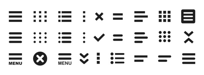 Hamburger website navigation menu. Burger menu icons set. Web UI design elements. Internet navigation button isolated on white background. Vector illustration.