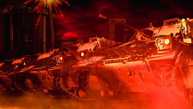 miliary tanks lined up in the city night war illustration