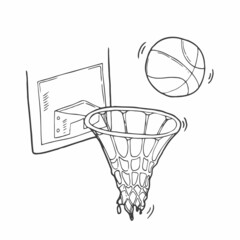Basketball board with hoop net and Basketball ball. Hand drawn vector illustration - obrazy, fototapety, plakaty